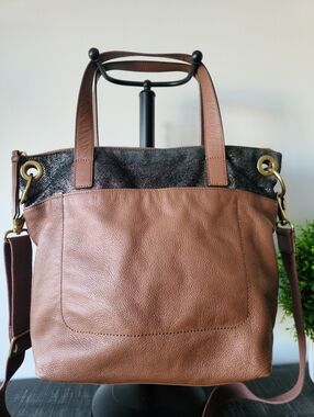 Fossil Leather Brown & Sparkly Black Tote Crossbody Bag